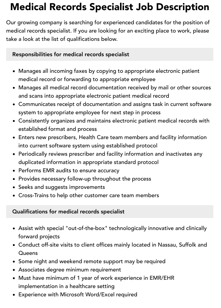Electronic medical records specialist job description