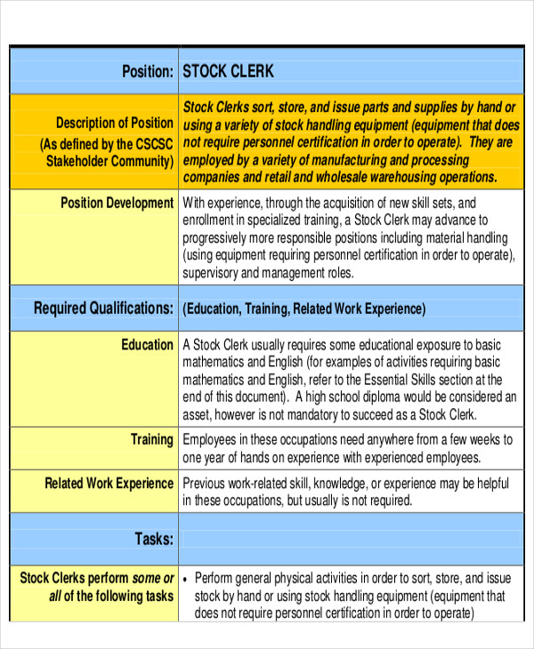 Stock clerk job description pdf